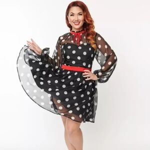 NWT - Unique Vintage Plus Size Black & White Polka Dot Tulle Dress - 5X/26